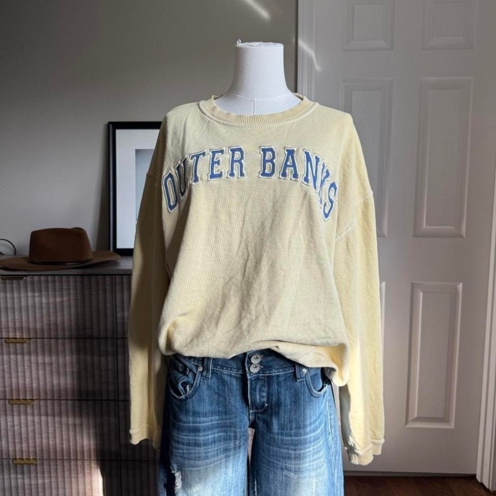 Outer Banks Embroidered Crewneck Sweatshirt Light Yellow Oversized Fit